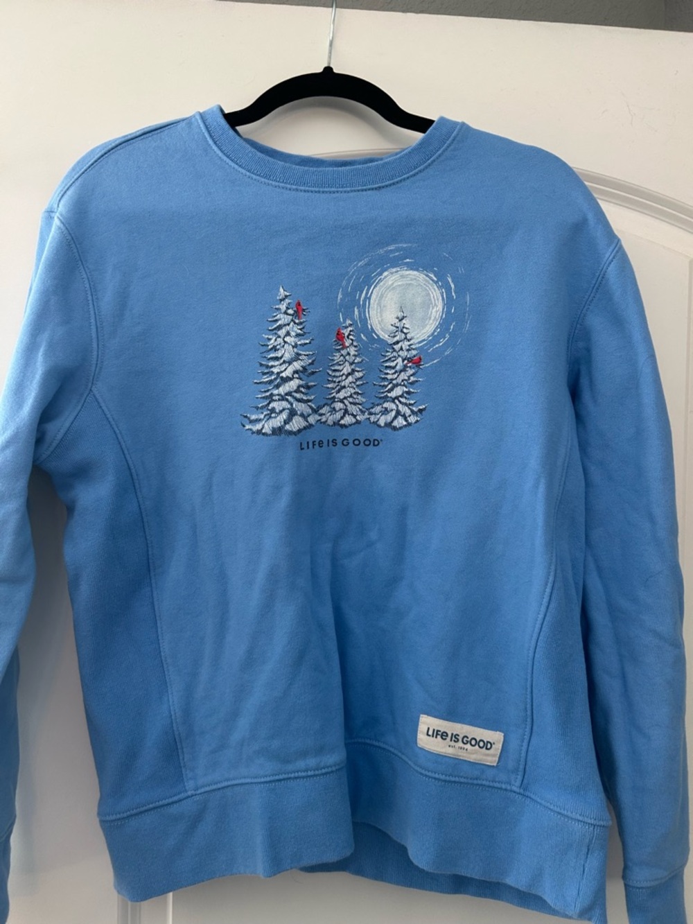 Life Is Good Light Blue Crewneck with Winter Tree and Cardinals